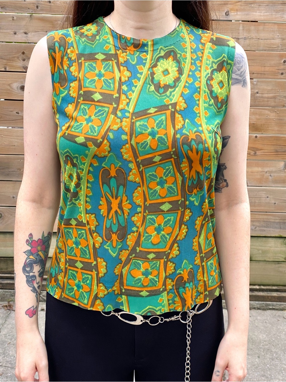 Vintage 1970s Green & Orange Abstract Print Sleeveless Top